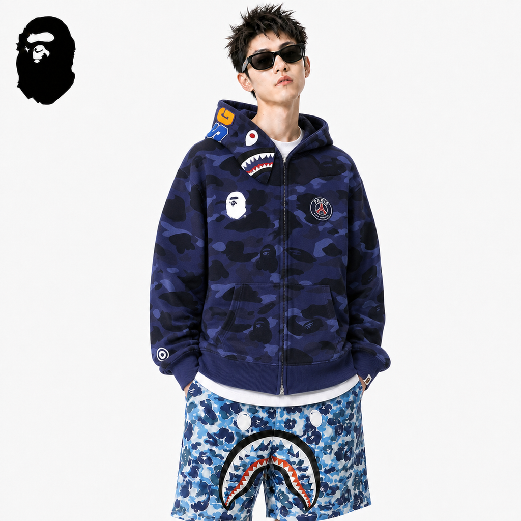 BAPE Navy Blue Camo Shark Hoodie