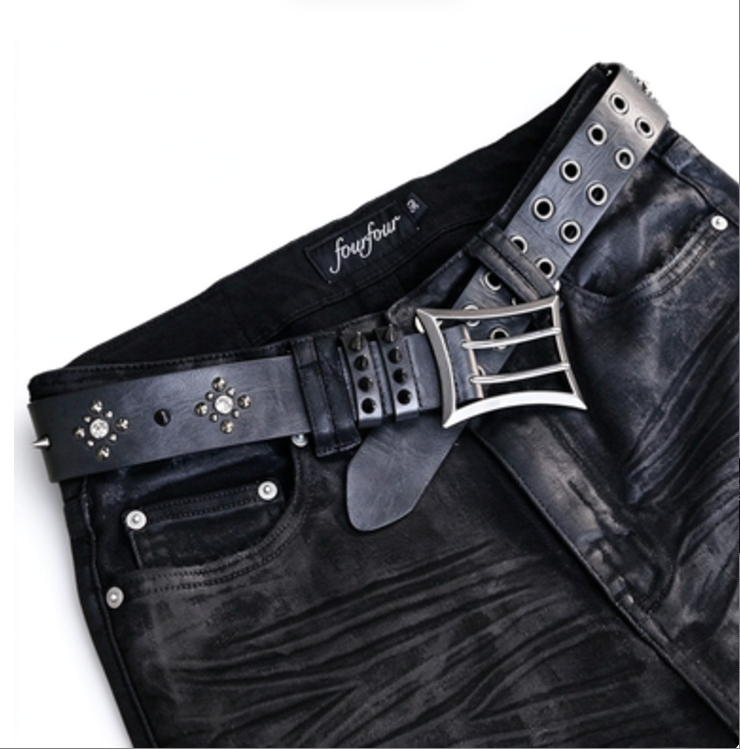 Veg Tan Punk Leather Belt Silver Double Prong Rivet Unisex Belt