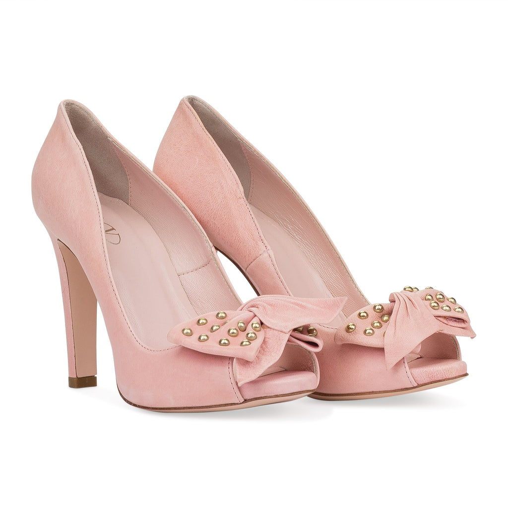 Pink Peep Toe Studded Bow Heels