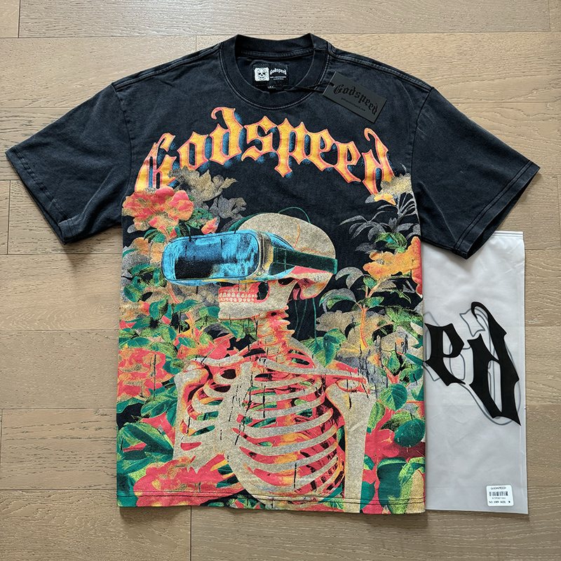 Godspeed Skeleton & Floral Washed Graphic T-Shirt