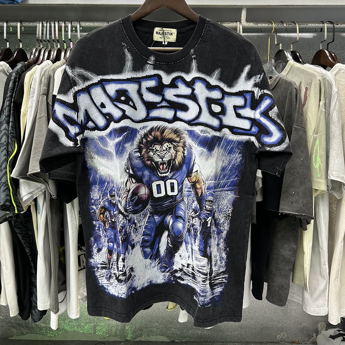 MAJESTIK Lion Football Rhinestone Crop T-Shirt