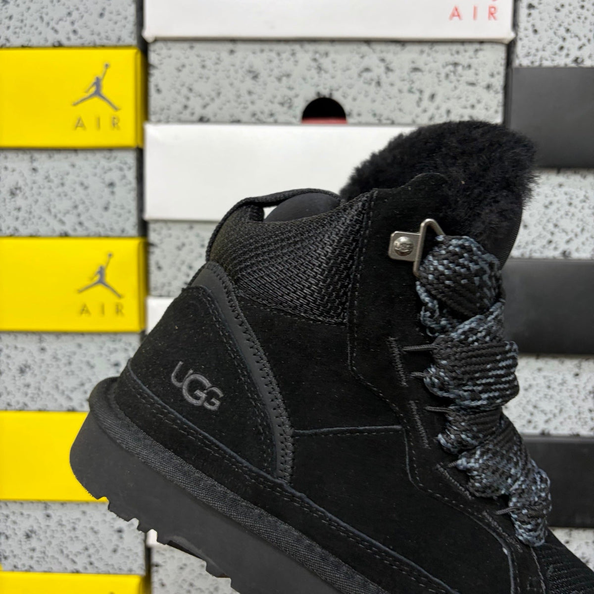 UGG Classic Hiker Women's Boot – Suede & Textile Hiker Boot with Black Shearling Lining, Braided Rope Lace & All-Black Classic Sunburst Sole in Black