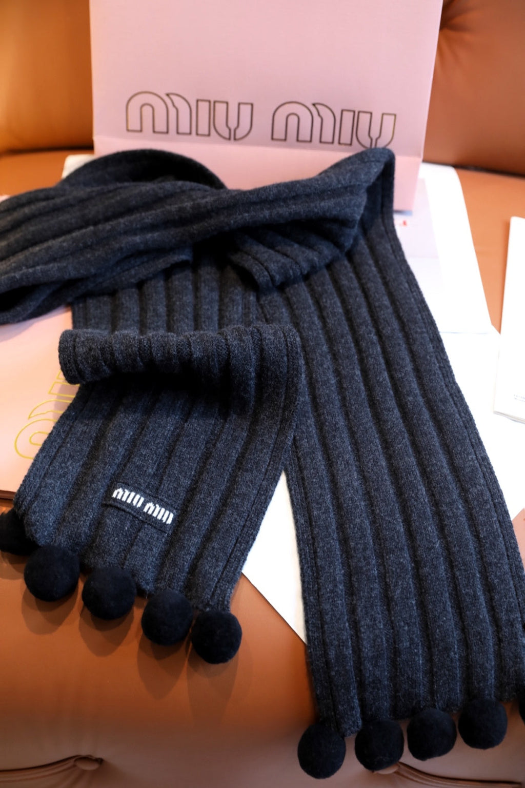 Miu Miu Style Pom-Pom Rib-Knit Scarf