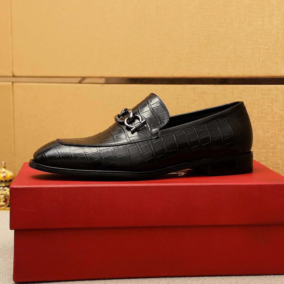 Ferragamo Black Embossed Bit Loafers - Croc-Embossed Texture