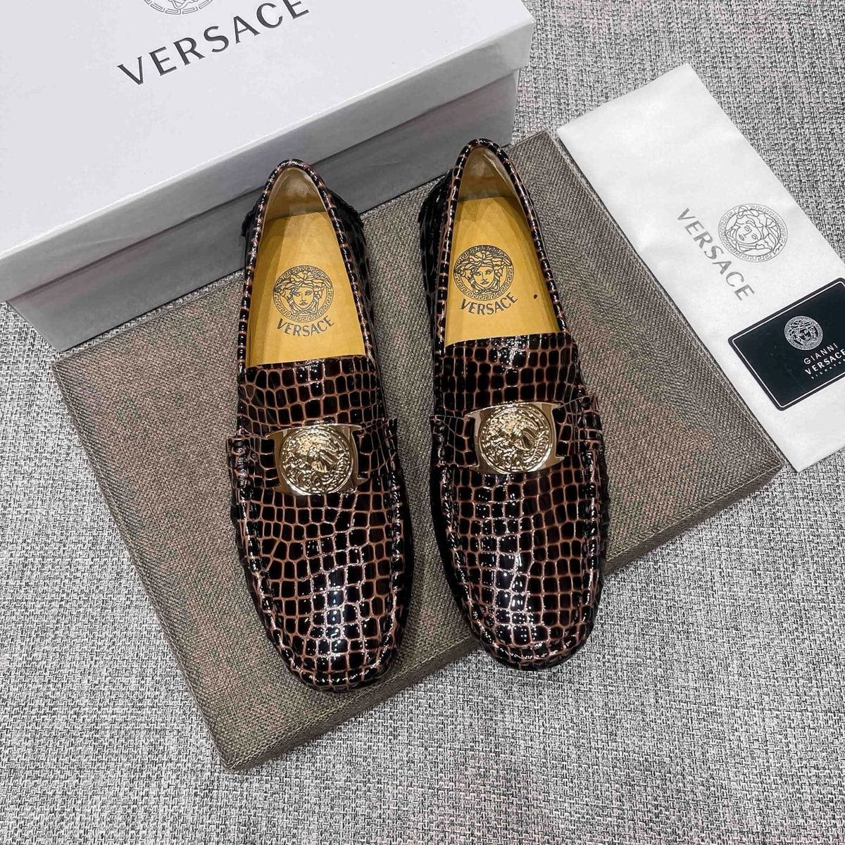 Versace Men's Brown Embossed Medallion Loafers