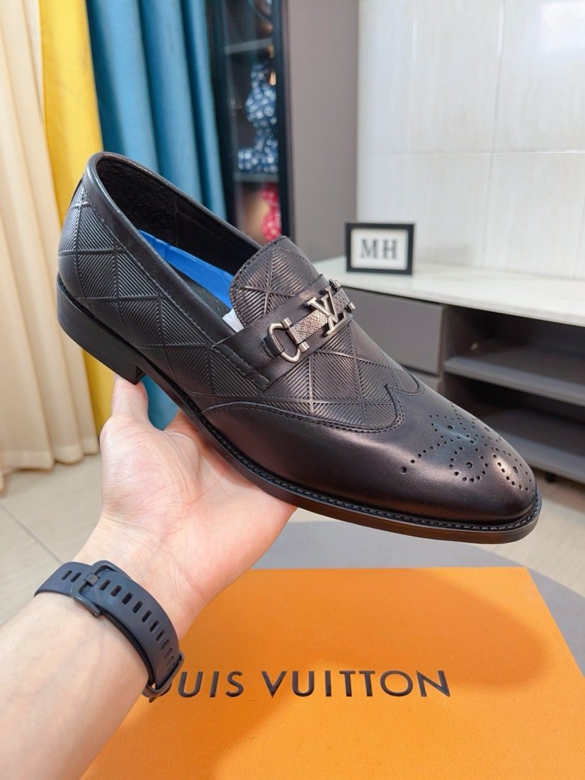 Louis Vuitton Embossed Logo Slip-On Dress Shoes - Dark Charcoal Gray