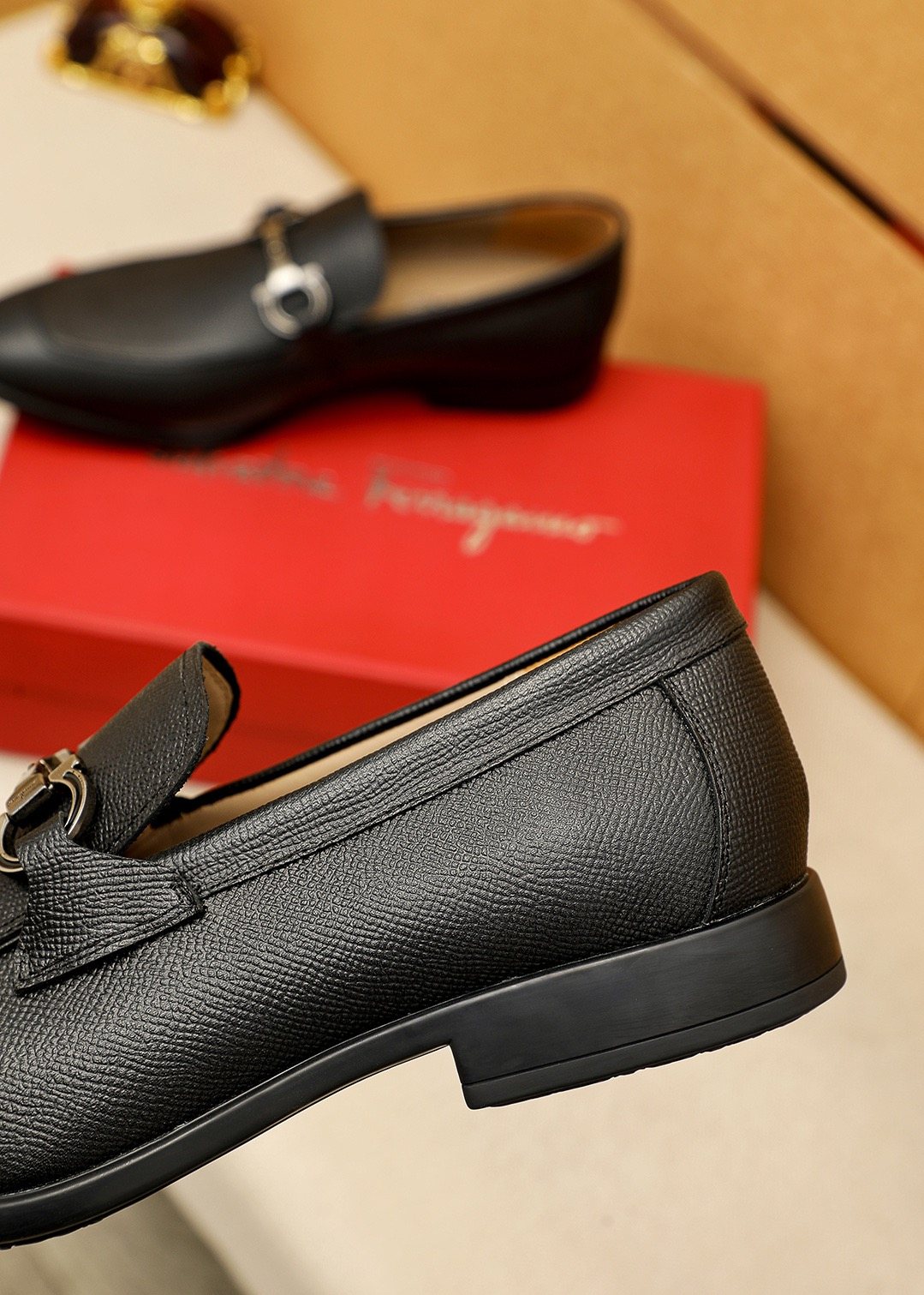 Men's Black Textured Buckle Slip-On Loafers