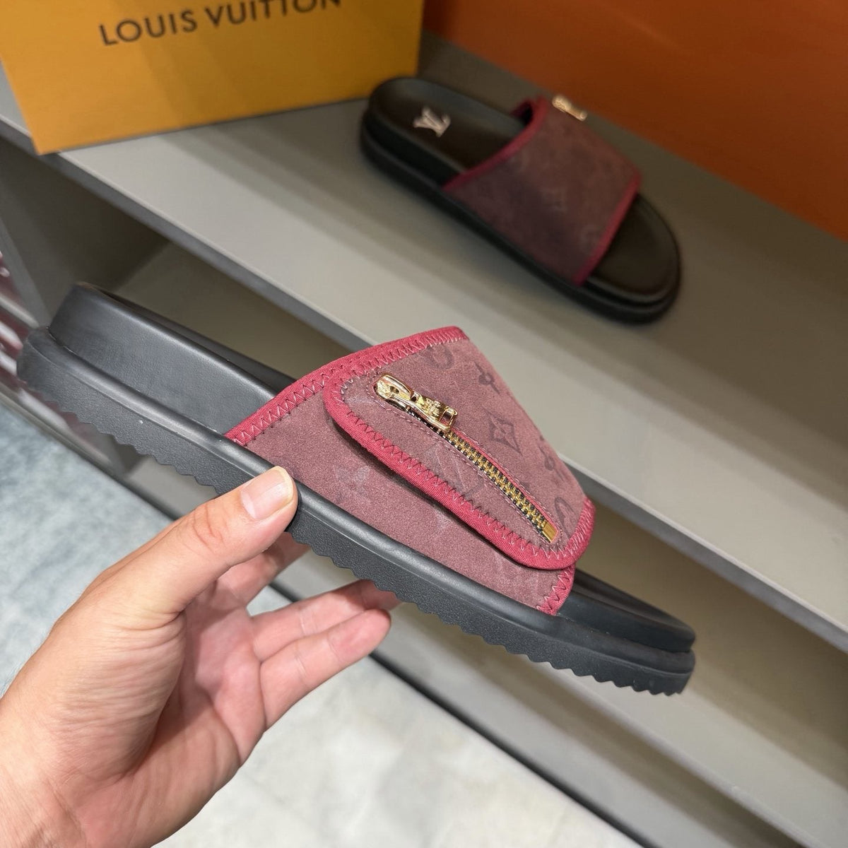 Louis Vuitton Burgundy Patterned Slide Sandals