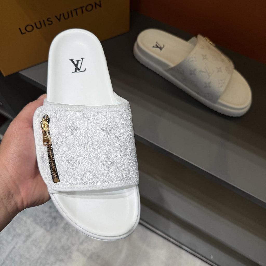 Louis Vuitton White Monogram Zip Slide Sandals