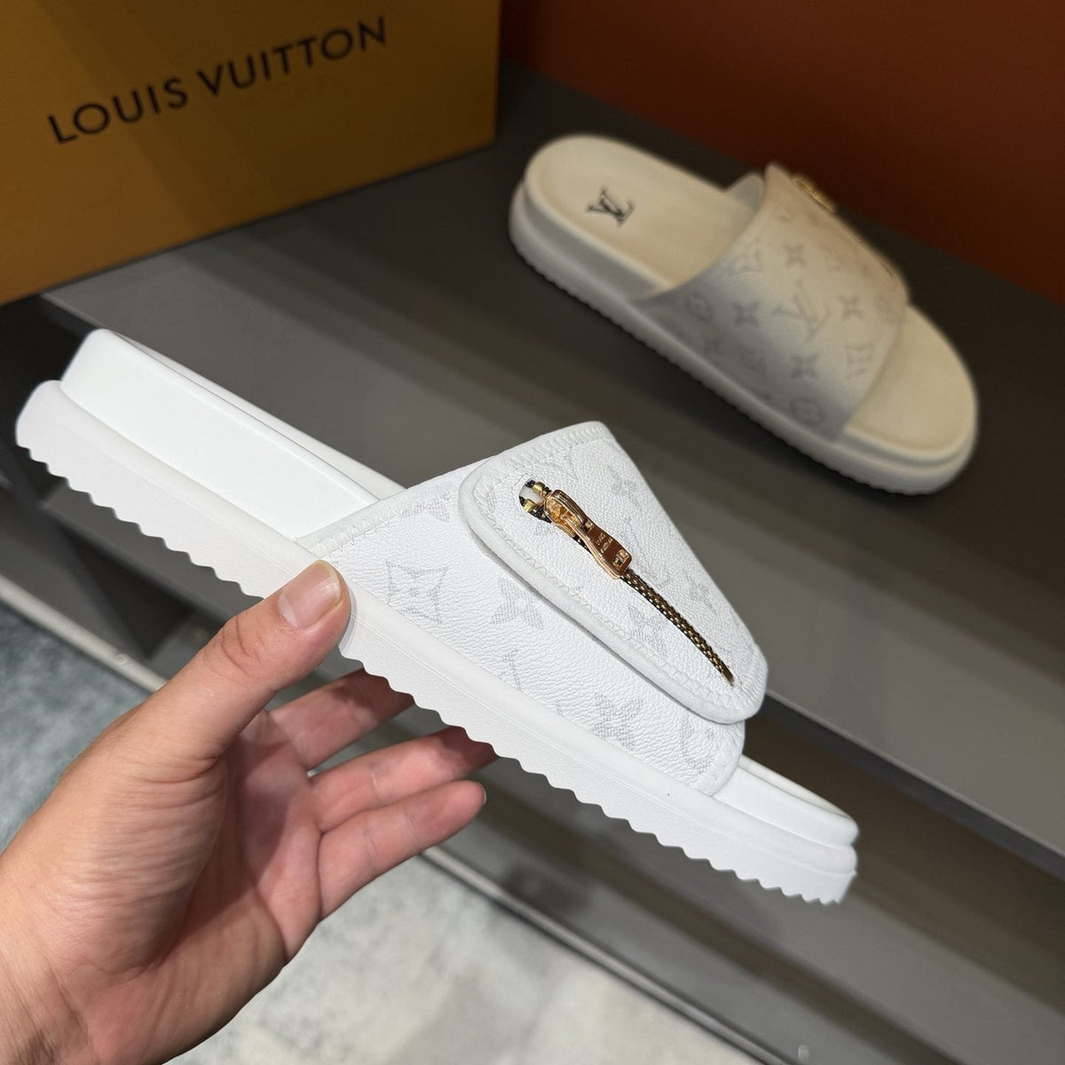 Louis Vuitton White Monogram Zip Slide Sandals
