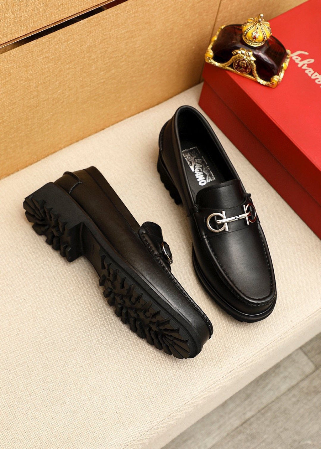Ferragamo Black Metal-Hardware Loafers