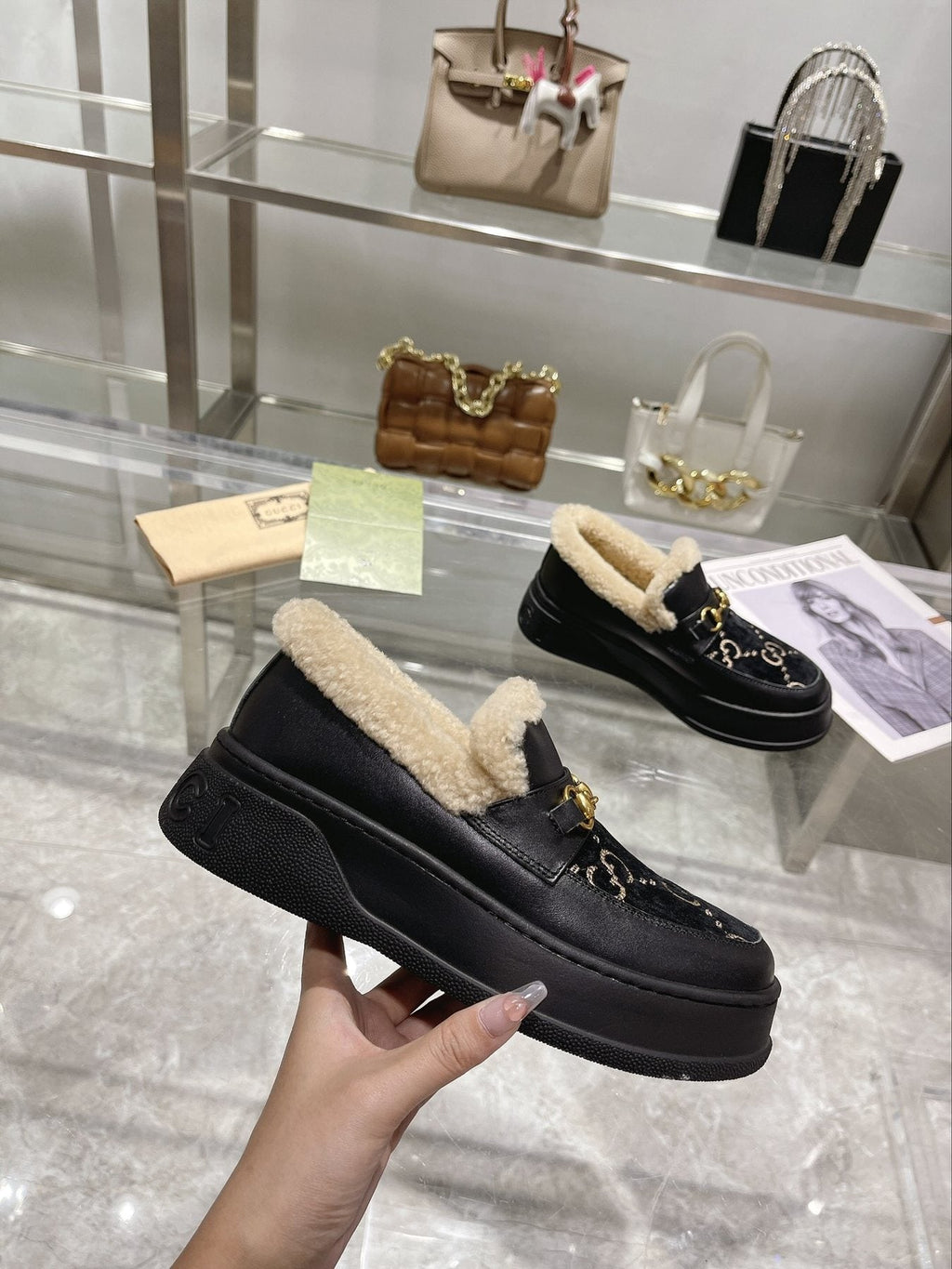 Gucci Patterned Plush-Lined Slip-On Shoes