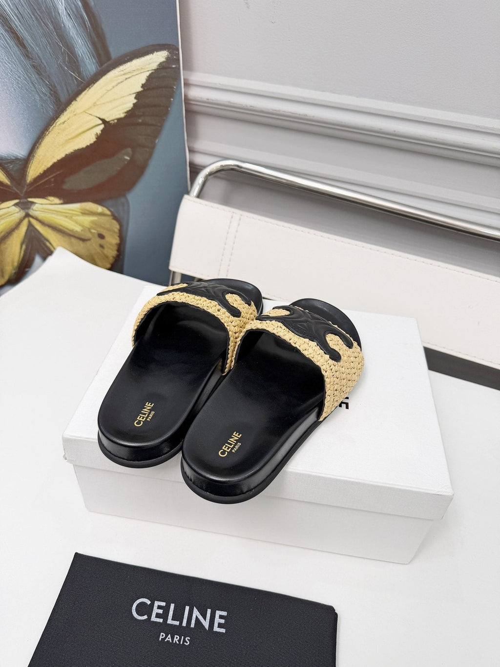 Celine Woven Emblem Slide Sandals