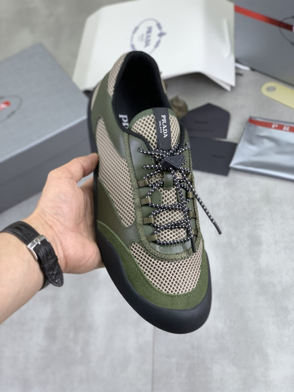 Prada Layered Mesh Lace-Up Sneakers