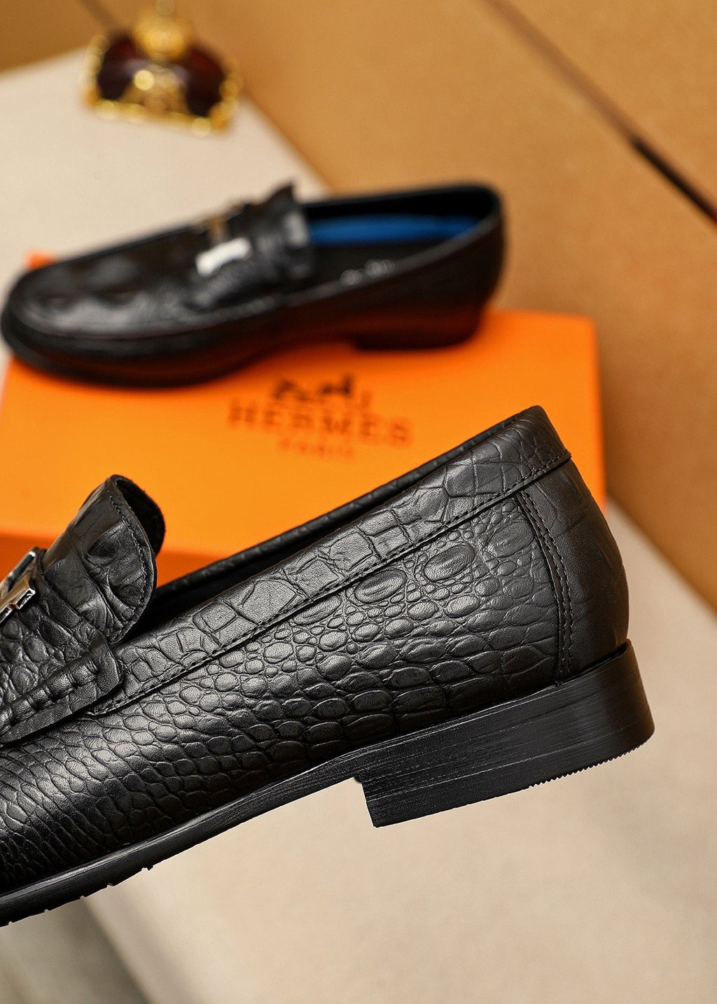 Hermès Textured Metal-Hardware Loafers