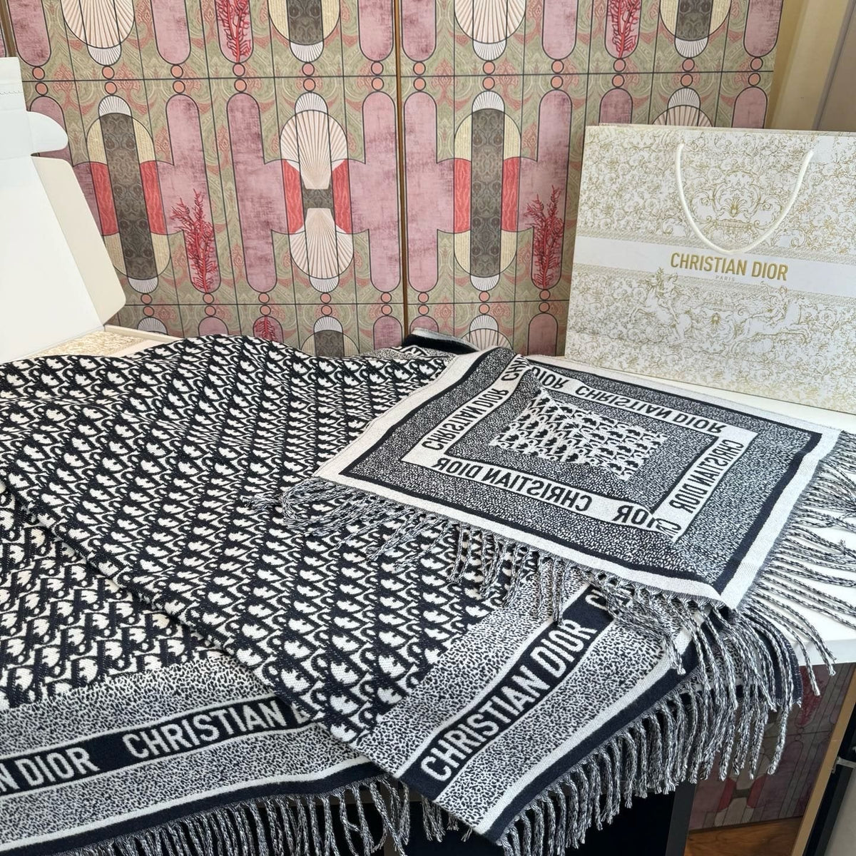 Dior Graphic Fringe Square Scarf