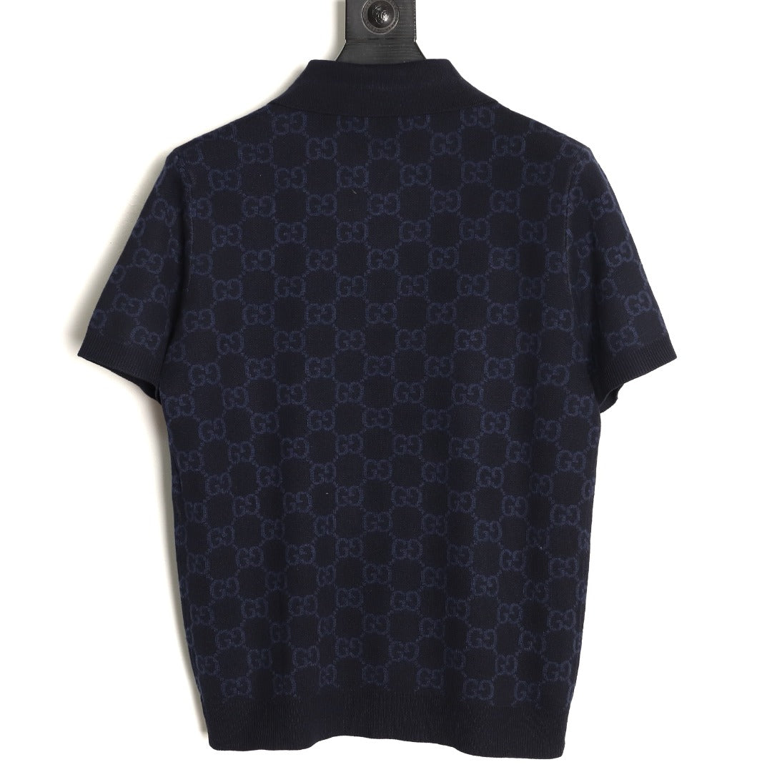 Gucci Tonal Allover-Pattern Short-Sleeve Knit Polo Shirt - Navy